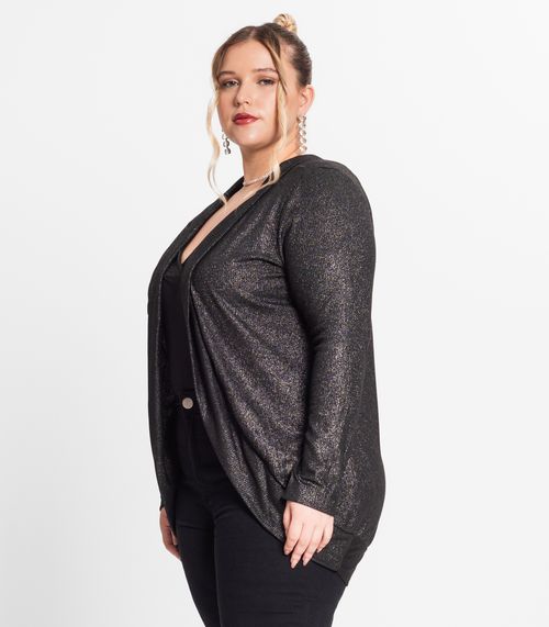 Cardigan Plus Size Em Ribana Canelada Secret Glam Preto
