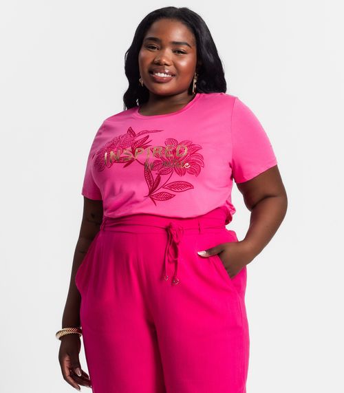 Camiseta Plus Size Feminina Estampada Secret Glam Rosa