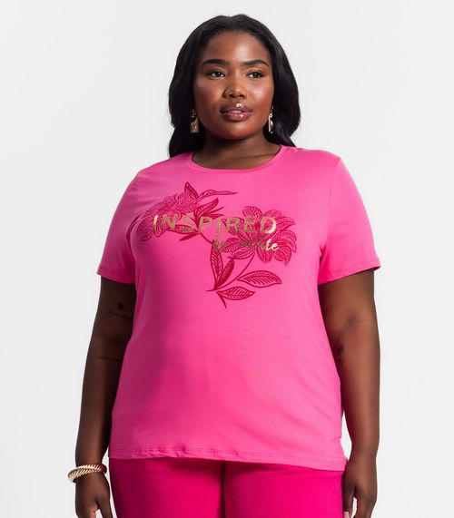 Camiseta Plus Size Feminina Estampada Secret Glam Rosa