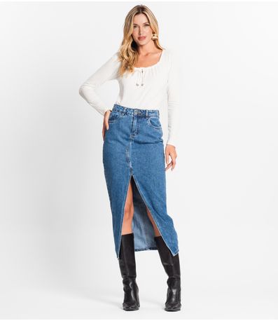 Saia Feminina Midi Jeans Com Fenda Sawary Azul