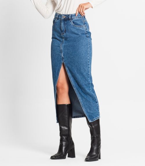 Saia Feminina Midi Jeans Com Fenda Sawary Azul