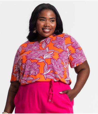 Blusa Manga Curta Feminina Plus Size Secret Glam Laranja