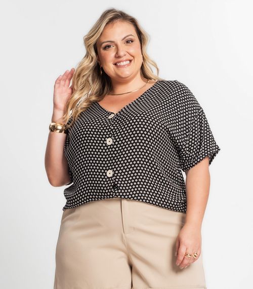 Camisa Feminina Plus Size Estampada Secret Glam Preto