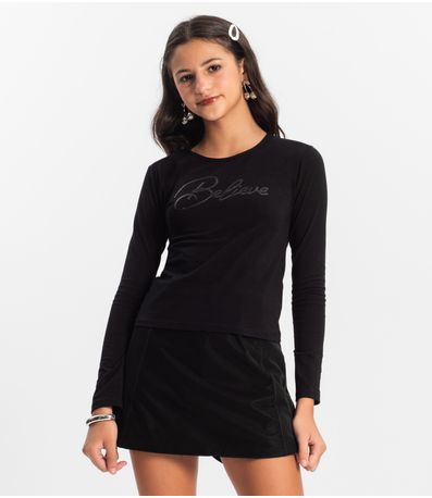 Blusa Juvenil Feminina Manga Longa Minty Preto
