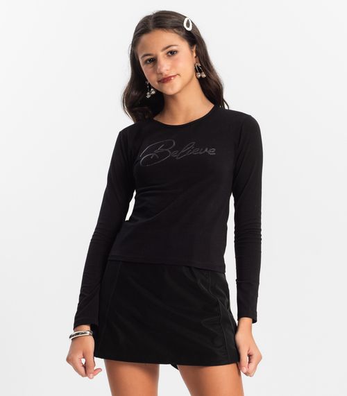 Blusa Juvenil Feminina Manga Longa Minty Preto