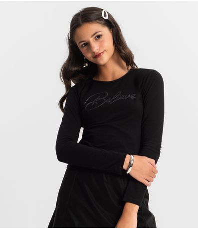 Blusa Juvenil Feminina Manga Longa Minty Preto