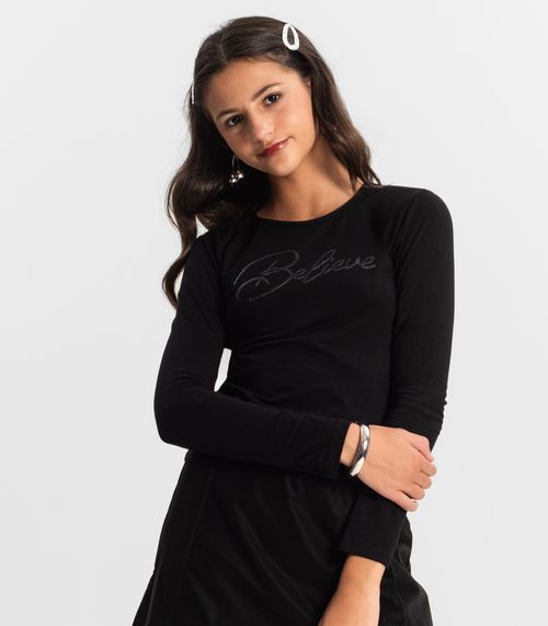Blusa Juvenil Feminina Manga Longa Minty Preto