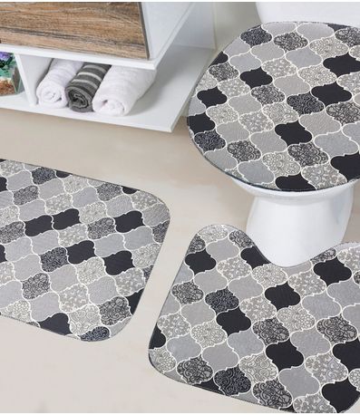 Jogo De Banheiro Estampado Tapetes Junior Preto