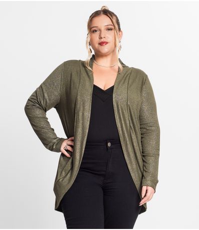 Cardigan Plus Size Em Ribana Canelada Secret Glam Verde