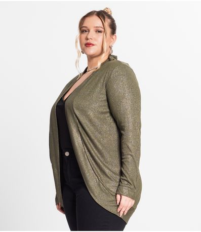 Cardigan Plus Size Em Ribana Canelada Secret Glam Verde