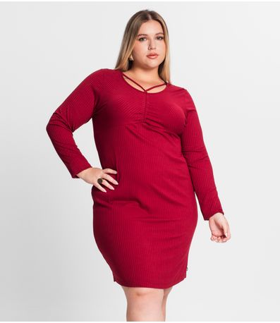 Vestido Plus Size Em Ribana Canelada Secret Glam Vermelho