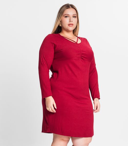Vestido Plus Size Em Ribana Canelada Secret Glam Vermelho