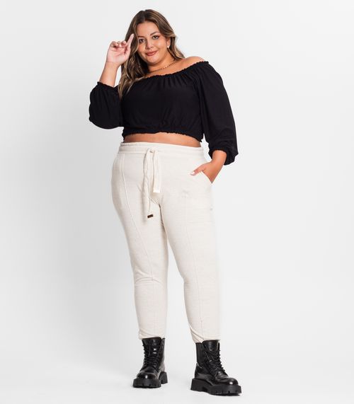 Calça Feminina Plus Size Em Moletinho Secret Glam Off White