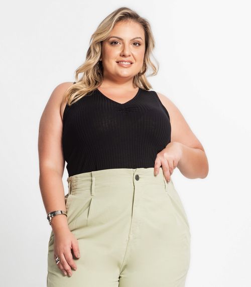 Regata Plus Size Em Ribana Canelada Secret Glam Preto
