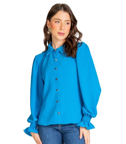 Camisa Feminina Em Duna Com Lastex No Punho Select Azul