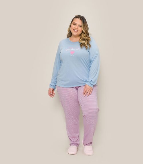 Pijama Feminino Plus Manga Longa Evanilda Azul