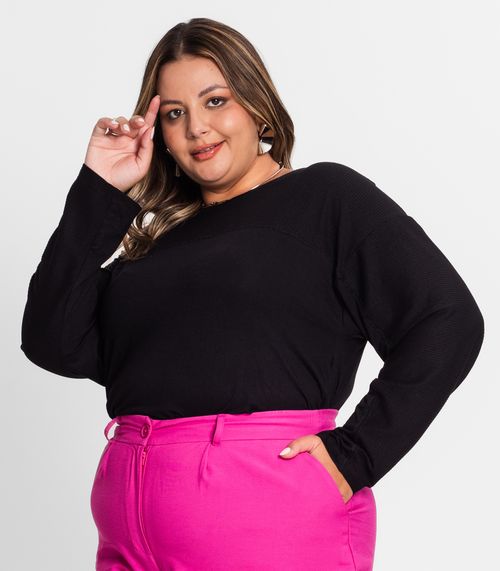 Blusa Feminina Manga Longa Plus Size Secret Glam Preto