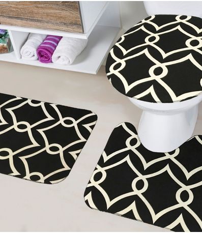 Jogo De Banheiro Estampado Tapetes Junior Preto