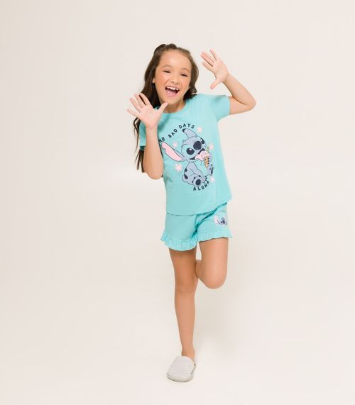 Pijama Menina Manga Curta Stitch Evanilda Azul
