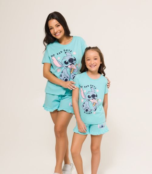 Pijama Menina Manga Curta Stitch Evanilda Azul