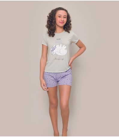 Pijama Juvenil Manga Curta Feminino Evanilda Cinza