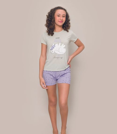 Pijama Juvenil Manga Curta Feminino Evanilda Cinza
