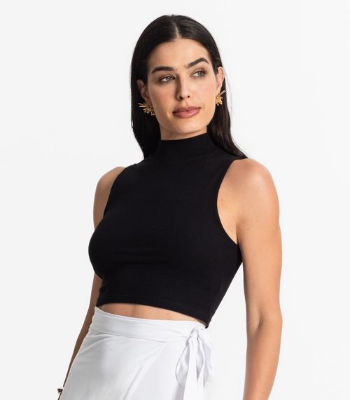 Blusa Sem Manga Gola Alta Em Ribana Algodão Select Preto