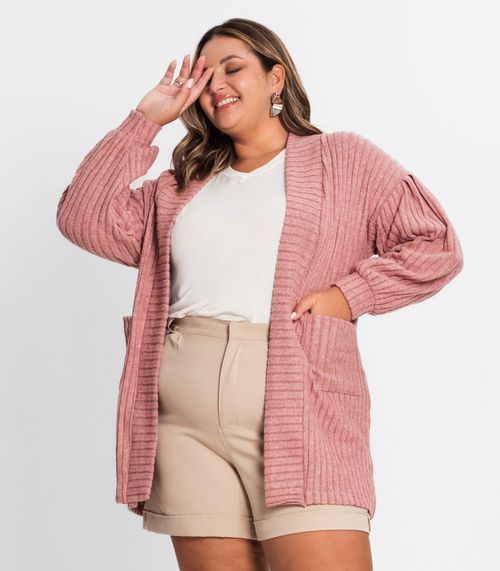Cardigan Plus Size Em Canelado Tricot Secret Glam Rosa