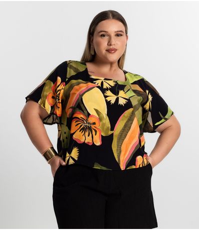 Blusa Feminina Plus Size Estampada Secret Glam Preto