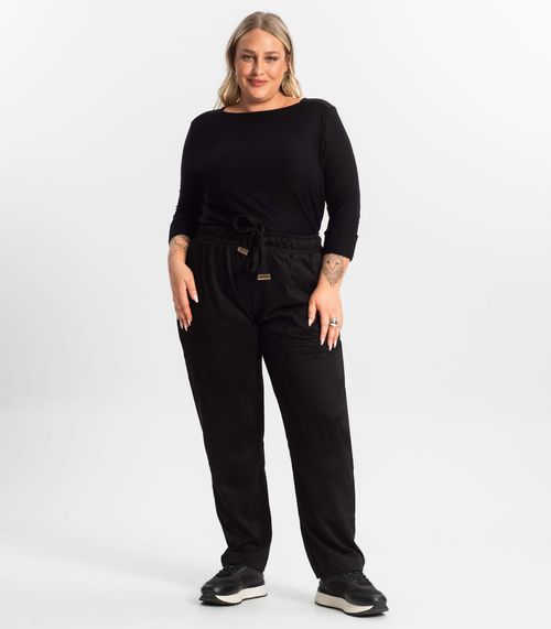 Calça Reta Plus Size Feminina Em Suede Secret Glam Preto