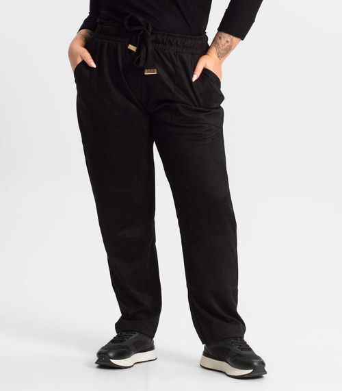 Calça Reta Plus Size Feminina Em Suede Secret Glam Preto