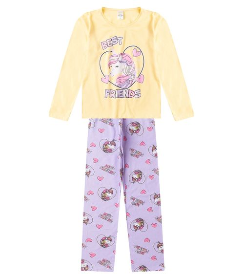 Pijama Menina Manga Longa Brilha No Escuro Kappes Amarelo