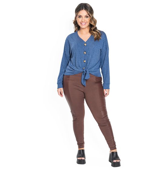 Camisa Feminina Canelada Com Nó Secret Glam Azul