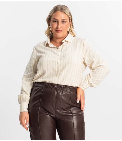 Camisa Feminina Manga Longa Plus Size Secret Glam Bege