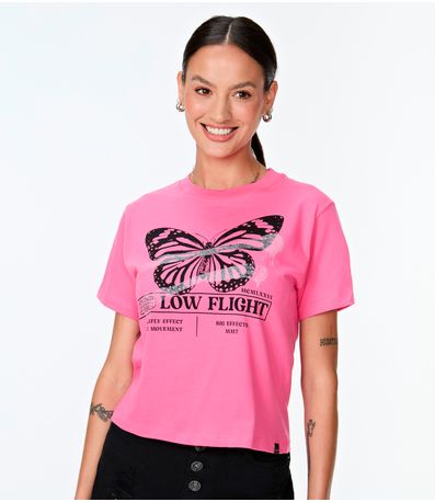Blusa Cropped Feminina Meia Malha Estampada MMT Rosa