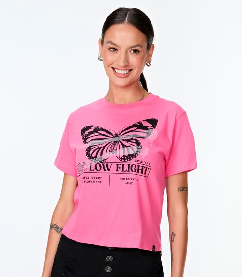 Blusa Cropped Feminina Meia Malha Estampada MMT Rosa