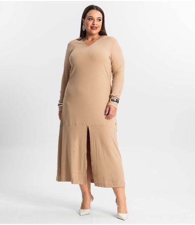 Vestido Midi Plus Size Manga Longa Secret Glam Marrom
