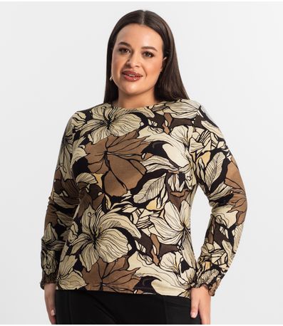 Blusa Plus Size Manga Longa Feminina Secret Glam Marrom