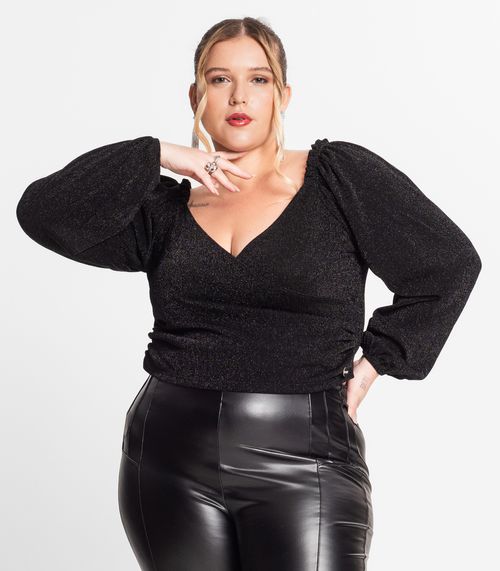 Blusa Manga Longa Feminina Plus Size Secret Glam Preto