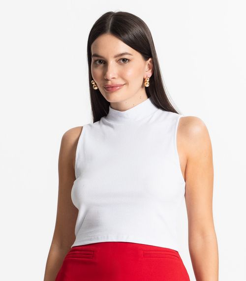 Blusa Sem Manga Gola Alta Em Ribana Algodão Select Branco