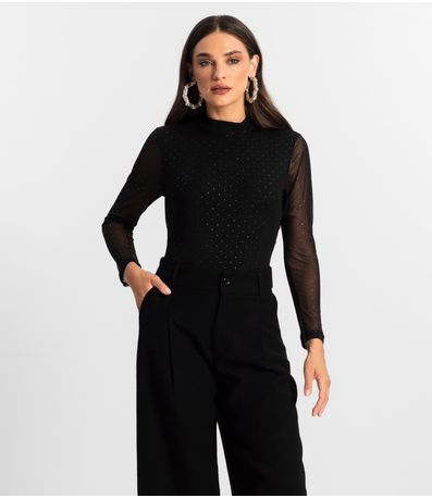 Body Manga Longa de Tule Glitter Endless Preto