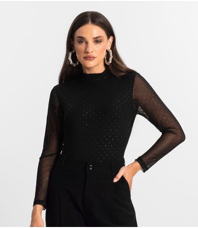 Body Manga Longa de Tule Glitter Endless Preto