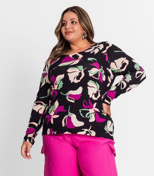 Blusa Plus Size Estampada Em Viscose Secret Glam Preto