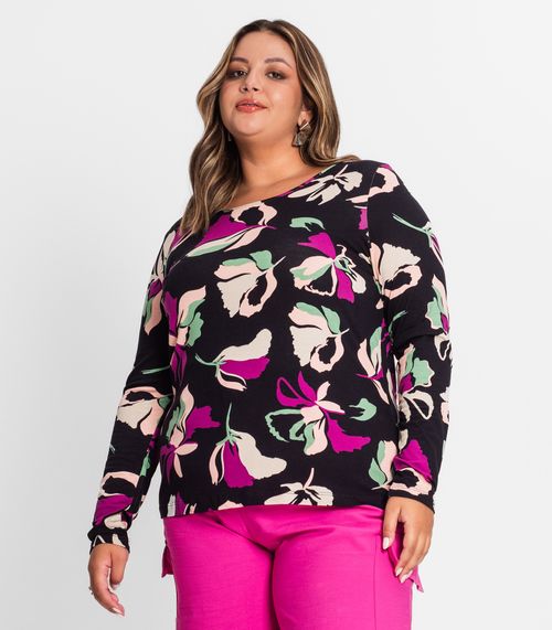 Blusa Plus Size Estampada Em Viscose Secret Glam Preto