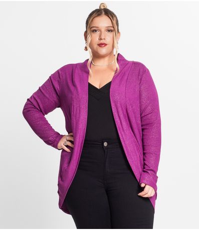 Cardigan Plus Size Em Ribana Canelada Secret Glam Roxo