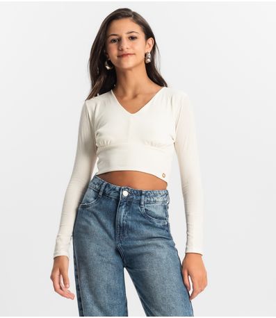 Blusa Cropped Juvenil Manga Longa Minty Bege