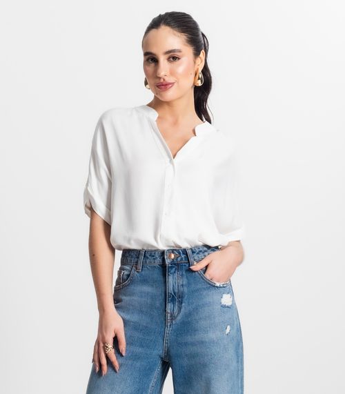 Camisa Feminina Gola Padre Manga Curta Select Bege