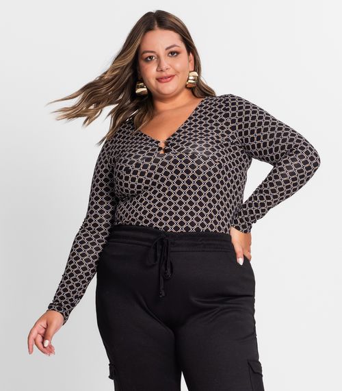 Blusa Feminina Manga Longa Plus Size Secret Glam Preto