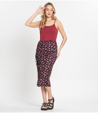 Saia Midi Estampada Com Fenda Ajustável Select Preto
