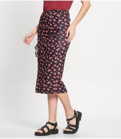 Saia Midi Estampada Com Fenda Ajustável Select Preto